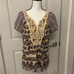 One World colorful patterned beaded detail neckline blouse size XL